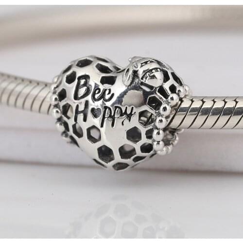 Authentic S925 Silver Bead Bee Happy Charm fit Lady Bracelet Bangle Girl Birthday Gift DIY Jewelry