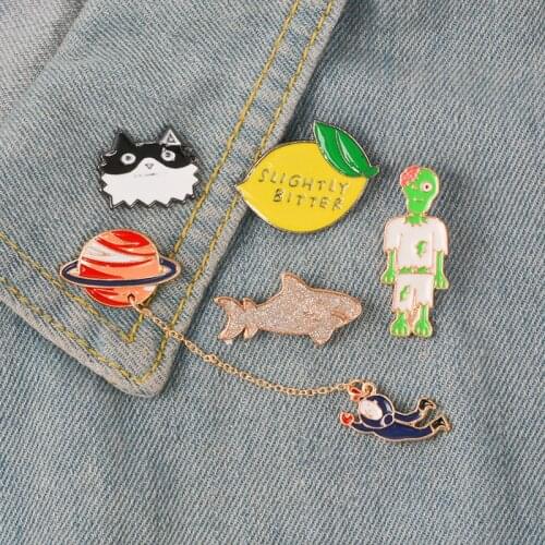 Lovely Collection ! Cat and Fish Astronaut and Saturn Slightly Bitter Lemon Halloween Zombie Enamel Brooch Lapel pin Metal badge
