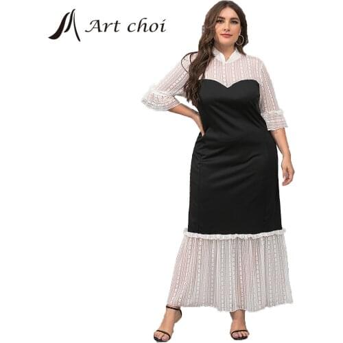 Luxupious Elegant Women Long Lace Patchwork Ruffle Skirt Dress Ladies Female Mandarin Collar A-Line Party Vestido Oversized