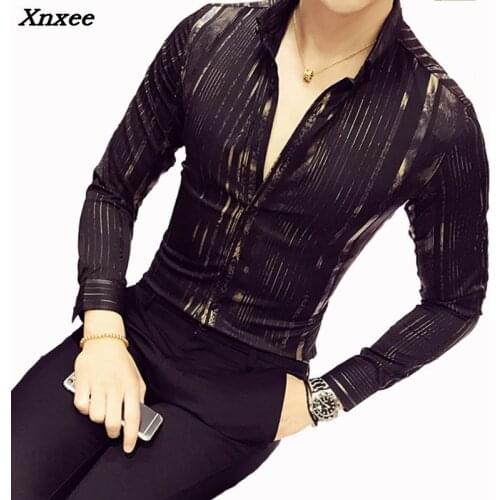 Luxury Gold Shirt Men 2018 New Long Sleeve Black White Navy Red Party Club Sexy Night club Bar Stage Clothing Male Shirt Xnxee