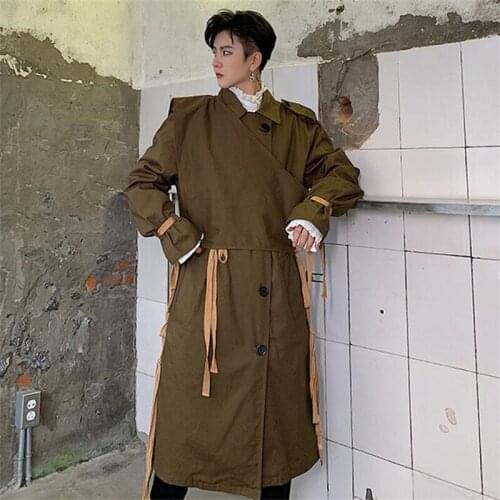 Tassel straps irregular mens trench coats мантия мужская black green man diagonal clothes 바람막이 overcoat long sleeve B457