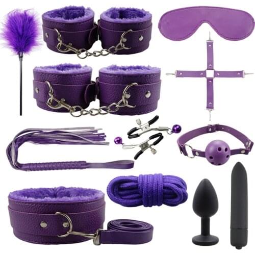 Porn Sex Adult Products SM Sex Toys Leather Handcuffs Collar Silicone Anal Plug Vibrator Butt Bdsm Bondage Set Women Erotic Toys