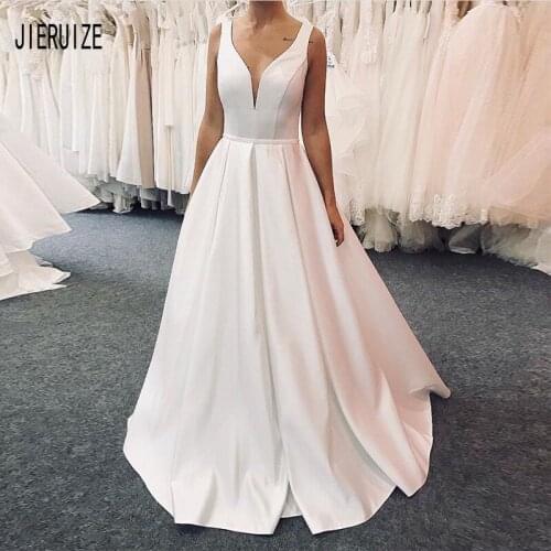JIERUIZE Modern Satin A Line Wedding Dresses V Neck Sleeveless Lace Up Back Wedding Gowns vestido de noiva Bridal Dresses