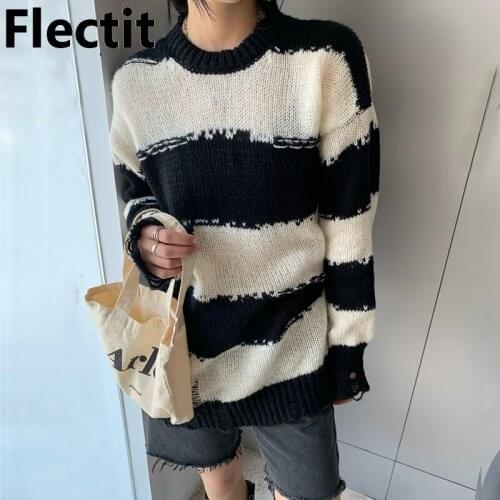 Flectit Ripped Striped Sweater Distressed Knit Jumper Women Long Sleeve Crew-Neck Pullovers Female e-Girl Y2K Grunge Punk