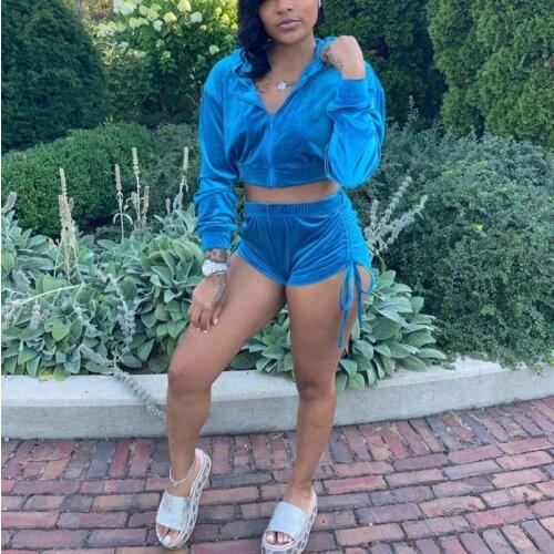 Solid Color Velvet Sexy Sporty 2 Piece Sets Womens Outfits Casual Tracksuit Long Sleeve Hoodies Crop Tops and Shorts Summer
