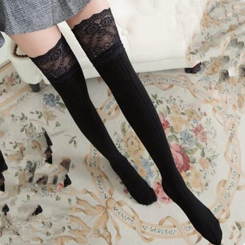 Women New Lace Knee Socks Cotton Vertical Stripe Anti Slip Thigh High Stockings
