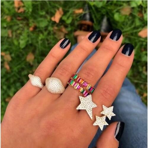 Gold color blue blue rainbow white 3 colors clear CZ zirconia delicate big star sun burst open adjust knuckle women jewelry ring