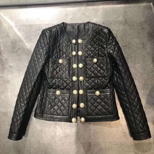 Sheepskin Coat Plaid Design Women Coat Spring O-neck Clothes Genuine Leather Jacket New Fashion Four Pockets Ladys Overcoat