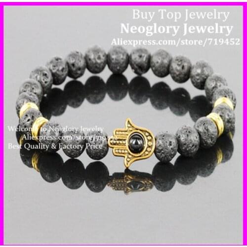 1PCS -10PCS 8mm Black Lava Energy Stone Beads Bracelet Gold Hamsa Hand Yoga Mala Bracelets Friendship Gift Top Quality