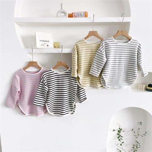 2021 Spring Autumn 2-7 Years Children Cotton Striped Patchwork Loose Long Style Sweatshirt Baby Kids Boys Long Sleeve T Shirts