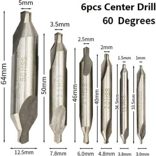 6pcs HSS Combined Center Drills 60 Degree Countersinks Angle Bit Set 1.0mm 1.5mm 2.0mm 2.5mm 3.5mm 5mm Metal Drill Bit