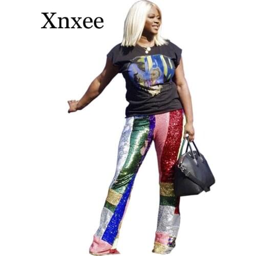 High Waist Rainbow Sequin Pants Women Casual Trousers Glitter Stretchy Straight Wide Leg Pants Club Wear Party Sparkly Pants
