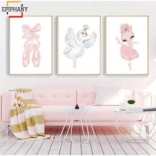 Baby Girls Nursery Ballerina Wall Art Swan Princess Pink Ballet Slipper Print Kids Room Canvas Printing Nordic Painting Pictures