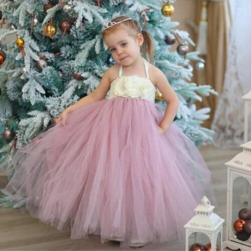 Baby Girls Ivory Flower Tutu Dress Kids Crochet Strap Dress Pink Ball Gown Children Birthday Party Costume Photography Dresses