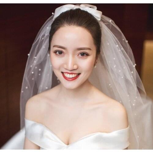 Up.Sky 2019 Hot Sale White / Ivory Short Bow Bridal Veil with Comb Royal Pearl Wedding Veil
