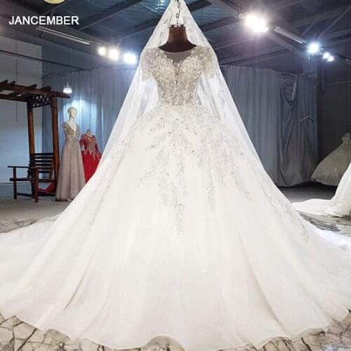 HTL2032 Luxurious V-Neck Crystal Beading Sequined Wedding Dress 2021 For Woman Ball Gowns Short Sleeve