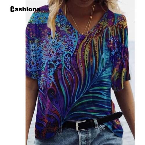 Cashiona Plus size Women Elegant Leisure Casual T-shirt Model Boho Print Tops Womens Clothing 2021 Summer Tees shirt Femme 3XL