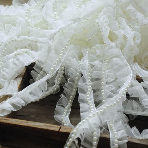 Beautiful 2.5cm 3meter/lot White Pleated Lace Ribbon Organza with Beaded Decoration Home Garden Clothes Material X888