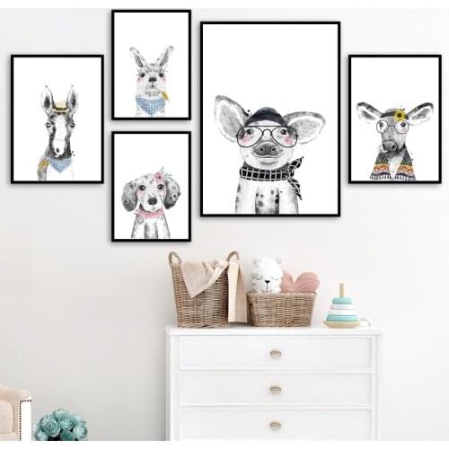 Cartoon Pig Dog Rabbit Horse Deer Nordic Posters And Prints Wall Art Canvas Painting Nursery Wall Pictures For Kids Room Decor