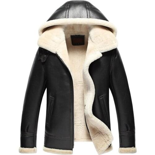 Mens Fur Coat Mens Shearling Jacket Hooded Coat B3 Flight Casual Jacket 100% Genuine Leather Outerwear Motorcycle Jacket TJ43