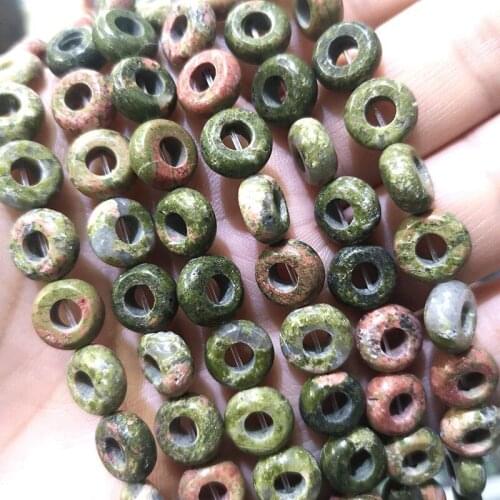Natural Wheel Shape 5MM Big Hole Green Unakite Loose Round Gem Stone Spacer Beads For Jewelry Making DIY Bracelet Earrings 10MM