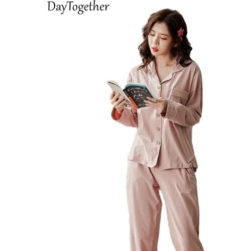 Large Size Womens Pajamas Long-Sleeve Pants Leisure Female Sleepwear Color Pink Blue Cotton Nightgown Women Two-Piece Suit