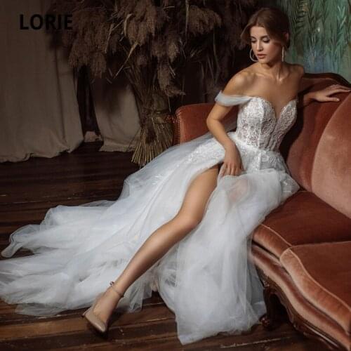 LORIE Boho Wedding Dresses Sweetheart Appliques Lace Off the Shoulder High Side Split White Bride Gown brautkleid prinzessin