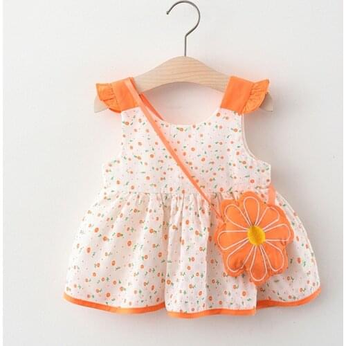 Baby Girls Flowers Dresses 2021 New Summer Toddler Casual Youth Princess Vestidos for Infant Sleeveless Party Clothes with Bag