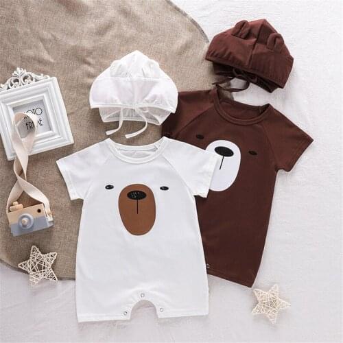 Pudcoco 2Pcs 0-18M Romper Summer Bear Cartoon Print Cute Button Baby Boy Girl Short Sleeve Jumpsuit Playsuit Leotard+Hat Outfit