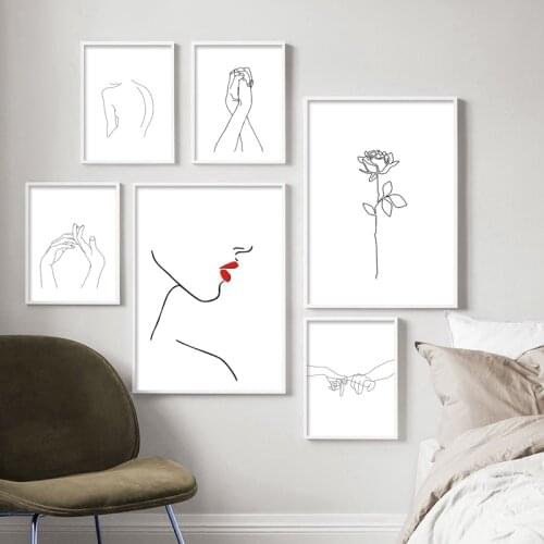 Figure Hand Flower Line Drawing Poster Canvas Wall Art Print Painting Black White Sexy Lady Picture For Living Room Decor