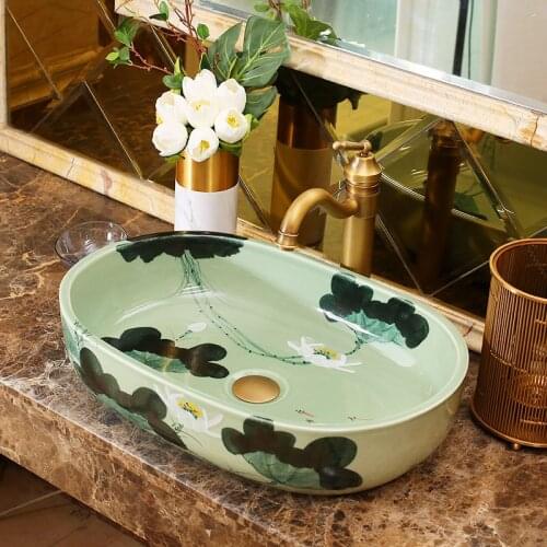 Europe Style Handmade Countertop Ceramic wash basin Bathroom Basin Bathroom Sink porcelain vintage bathroom sink oval lotus