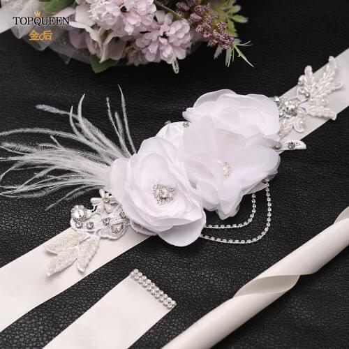 TOPQUEEN S478 White Flower for Dress Wedding Belts and Sashes Black Rhinestones Belts Women Formal Belts Maternity Flower Belt