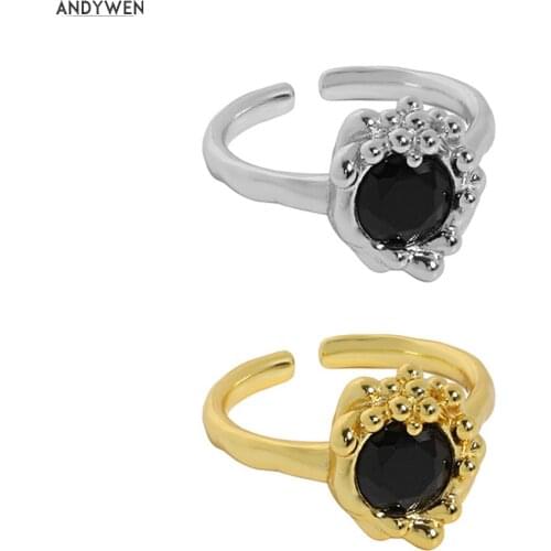 ANDYWEN 925 Sterling Silver Gold Black Zircon CZ Resizable Rings Adjustable Women Fashion Fine Jewelry Luxury Round Rock Punk Gi