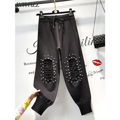 WITHZZ Women Spring Autumn Comfortable High Waist Embroidered Flares Hole Trousers Loose Female Sports Casual Harem Pants