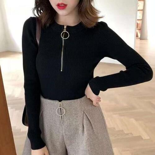 Candy Color O Neck Chic Zip Design Sweater Feminino Long Sleeve Bottoming Pullover Autumn Solid Simple Knitted Women Tops