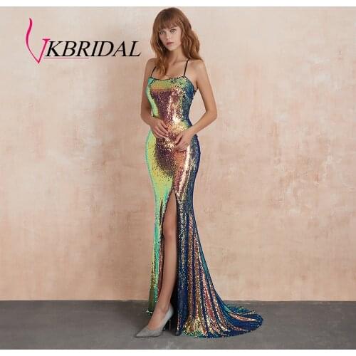 VKBRIDAL Sexy Sparkle Sequined Prom Dresses 2019 Halter Long Mermaid Formal Party Gowns with Strappy Back