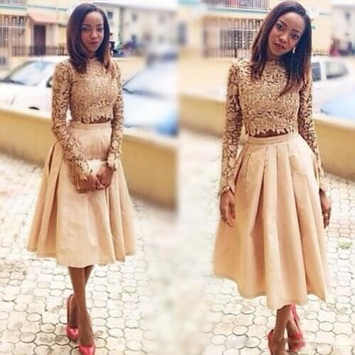 Gold Two Pieces Prom Dresses Lace Long Sleeves Top And Satin Skirts Evening Gown Tea Length Black Girl Formal Party Dress