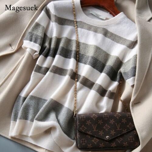 2021 Simple Striped O-Neck Short Sleeve T-shirts Summer Tops Women Fashion Clothing Slim Fit Summer Tops Blusas Tshirt 13782