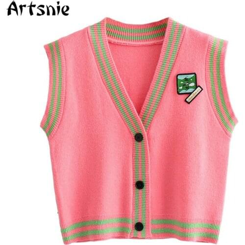 Artsnie Streetwear Striped Sweater Vest Women Autumn V Neck Single Breasted Cardigan Pull Femme Vintage Knitted Sweater Vest