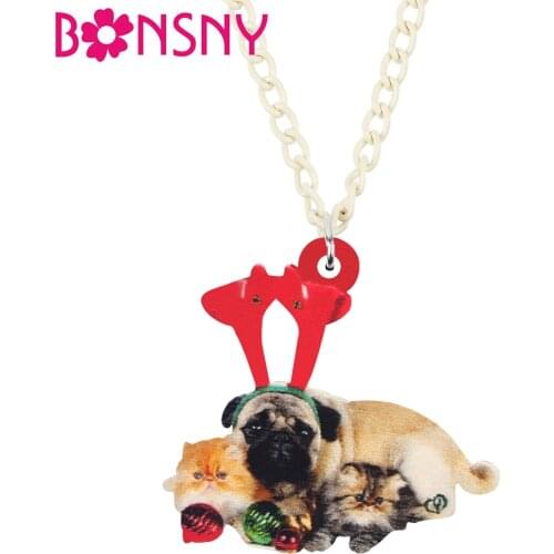 Bonsny Acrylic Christmas Pug Dog Persian Cat Necklace Pendant Chain Animal Jewelry For Women Girl Teen Kid Party Decoration Gift