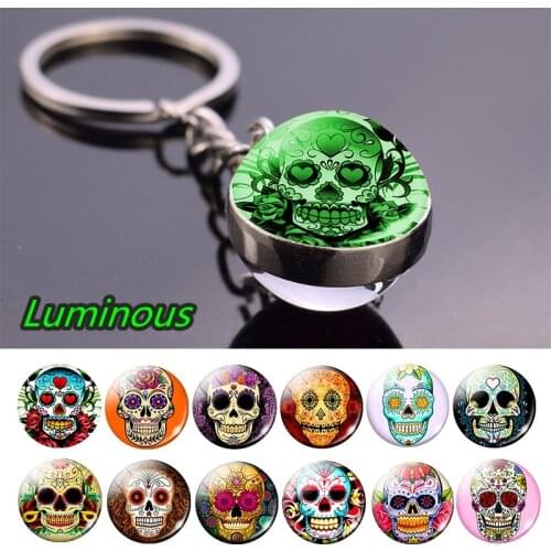 Day Of The Dead Skull Keychain Luminous Suger Skull Glass Ball Keychain Keyring Glowing In The Dark Key Chain Halloween Gift