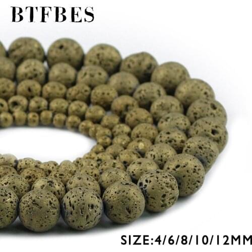 BTFBES Plating Gold Color Lava Beads Volcanic Rock Natural Stone 4 6 8 10 12mm Ball Loose beads for Jewelry Bracelet Making DIY