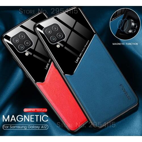 Leather texture pixleglass car magnetic hloder phone case covers for samsung galaxy a12 a 12 sm-a125f/ds 6.5'' shockproof coque