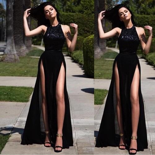 Black Prom Dresses A-line High Collar Chiffon Lace Slit Sexy Long Prom Gown Evening Dresses Evening Gown Robe De Soiree