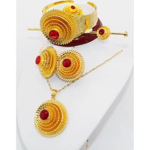 Conjuntos de joias etíopes africanas 24k ouro para mulheres presentes de casamento dubai noiva colar brincos anel conjunto colar