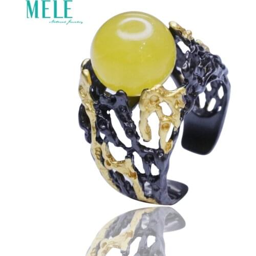 Natural amber Beeswax Round beads 925 silver Ring Ma'am ring 925 silver black Golden ring