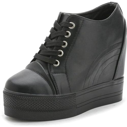 Womens Black White Sneakers Casual Pu Leather Lace Up Vulcanized Shoes For Woman Spring Autumn Wedges High Heels Sneaker