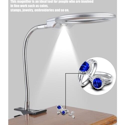 Metal Hose Magnifier 2.5X 107MM 5X 23MM LED Illuminating Magnifying Glass Desk Table Reading Lamp Light with Clamp Clip-on