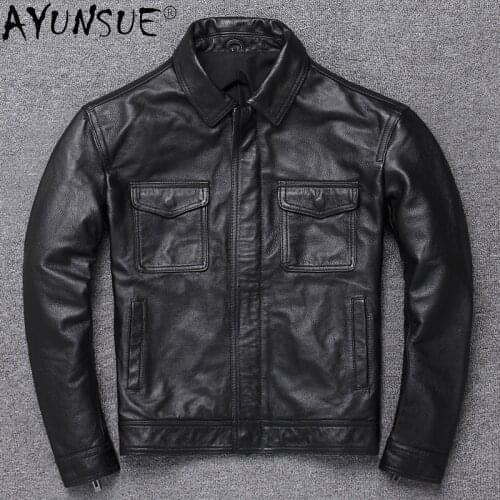 AYUNSUE Mens Genuine Leather Jacket Men Real Cowhide Leather Coat Autumn Vintage Motorcycle Jacket Slim Fit 2020 H1790 KJ5155