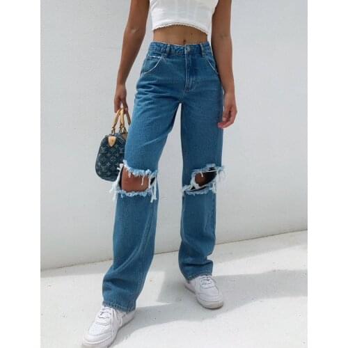 2021 New Fashion Straight Jeans Pants Summer Casual High Waist Ripped With Hole Boyfriend Denim Ttrousers Pantalones De Mujer